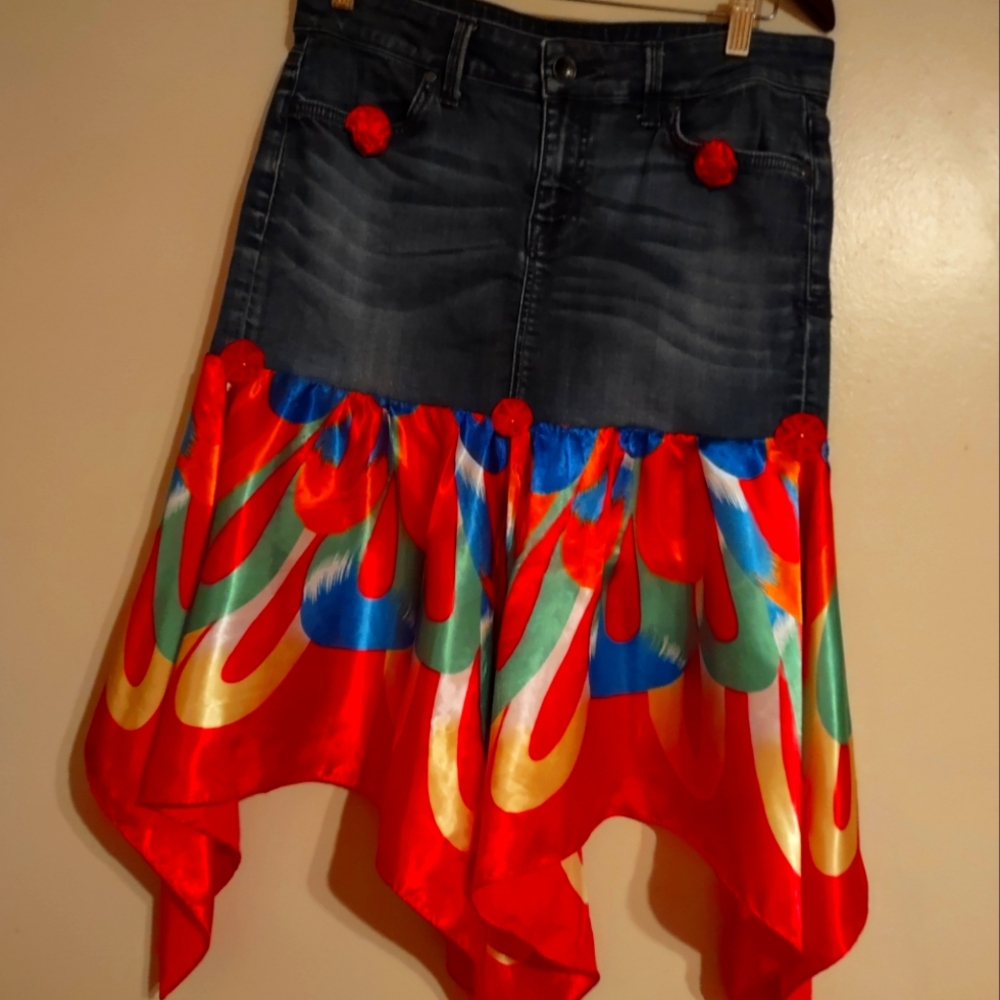 Level 99 Red and Blue Asymmetrical Midi Skirt